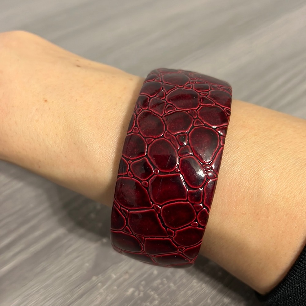 Vintage Bangle Bracelet, Red with Crocodile or Alligator Print, EUC